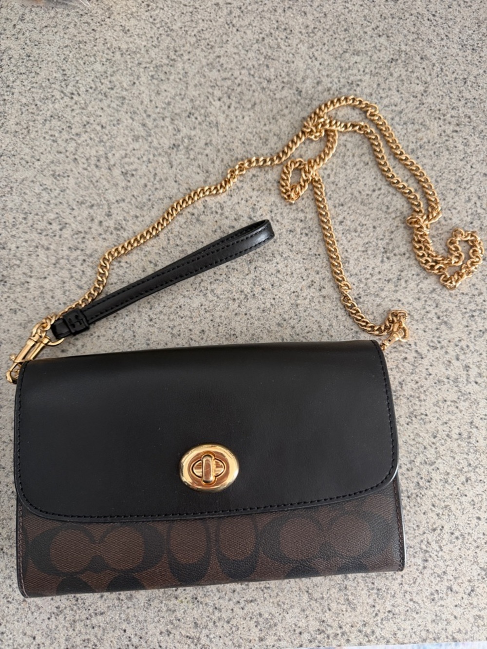 Coach Black Leather and Brown Signature Canvas Crossbody with Gold Chain